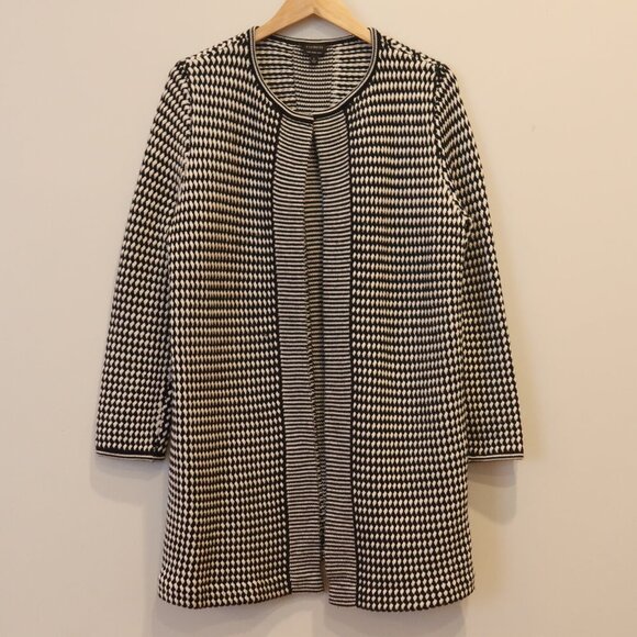TALBOTS 100% merino wool cardigan duster open chunky knit black white Large long - Picture 1 of 11